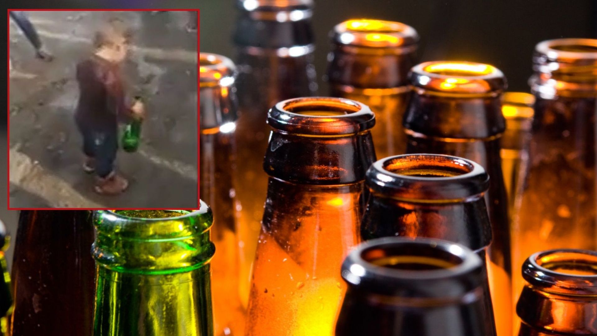 Невръстно дете с бутилка бира в ръка Тълпа възрастни го