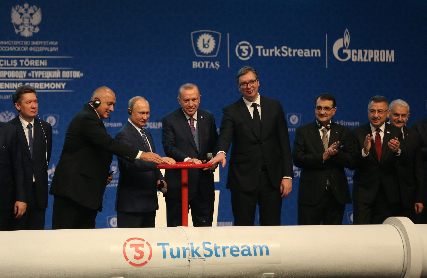 Истанбул, 8 януари 2020 г., тържествена церемония по откриването на газопровода "Турски поток”, в която участват министър-председателят Бойко Борисов, президентите на Турция Реджеп Тайип Ердоган, Русия Владимир Путин и Сърбия Александър Вучич