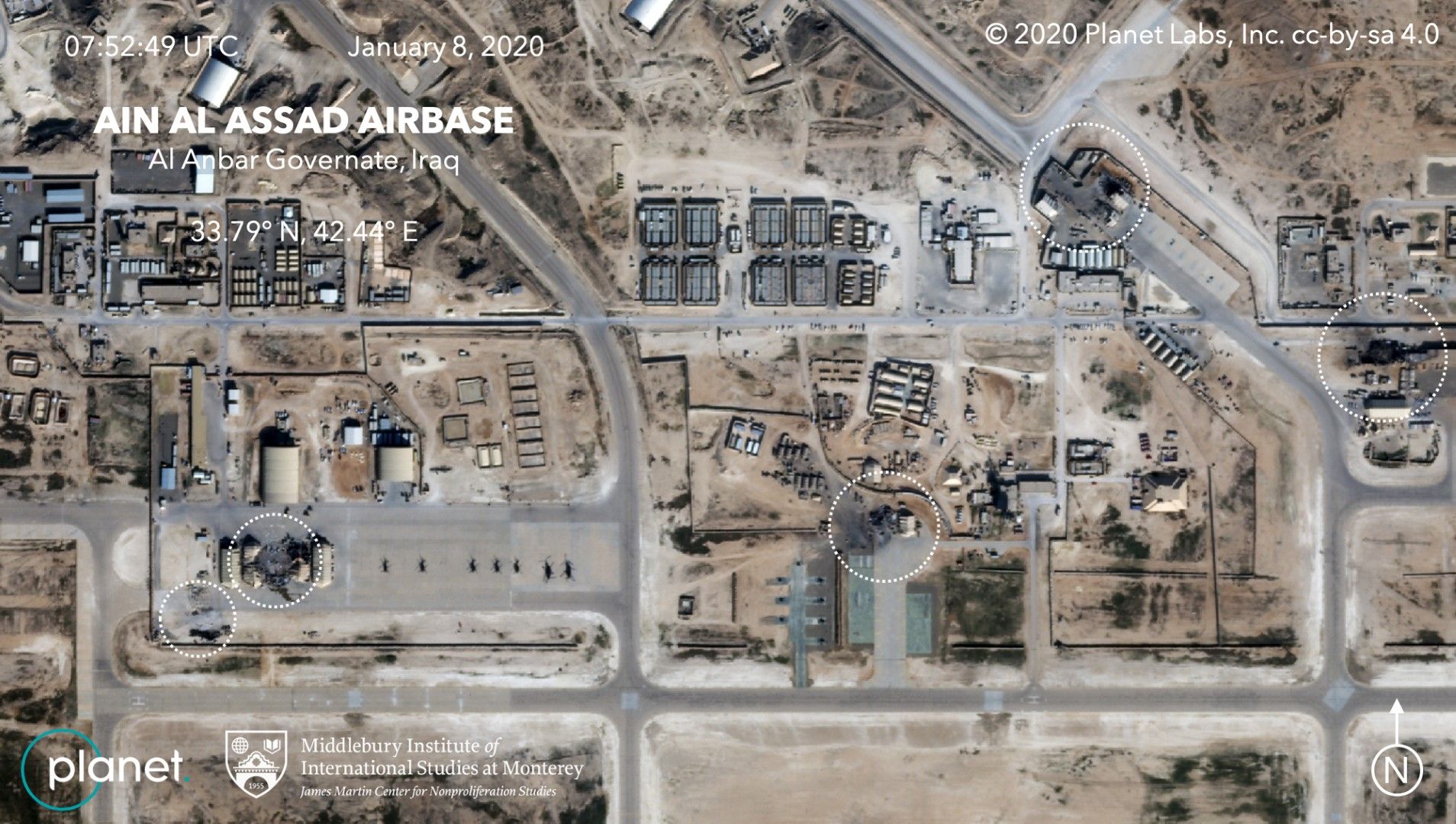Американската военновъздушната база в Ирак "Айн ал Асад", която беше ударена от Иран - маркирани са пораженията, нанесени с ракетните удари