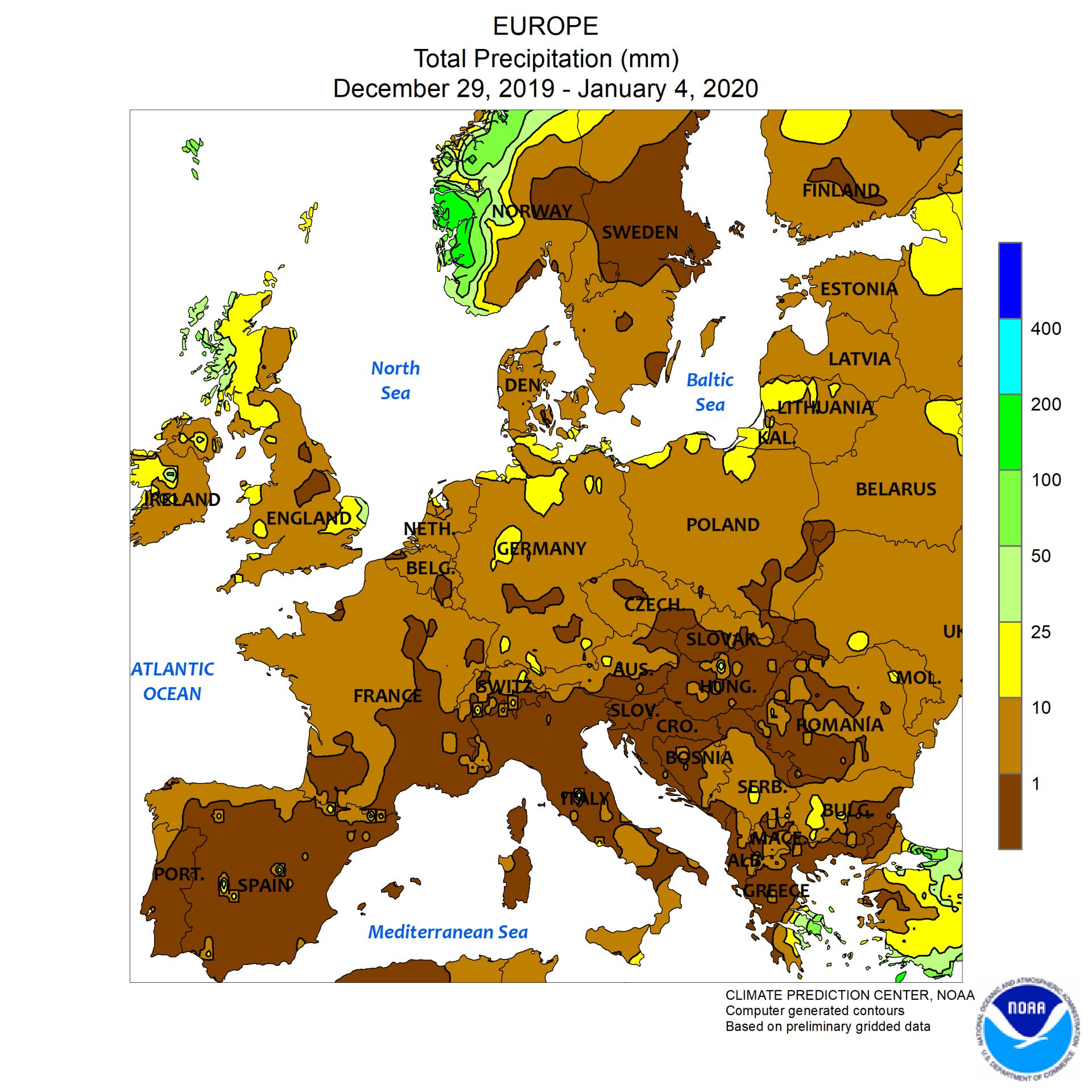 Количества валежи над Европа за последната седмица