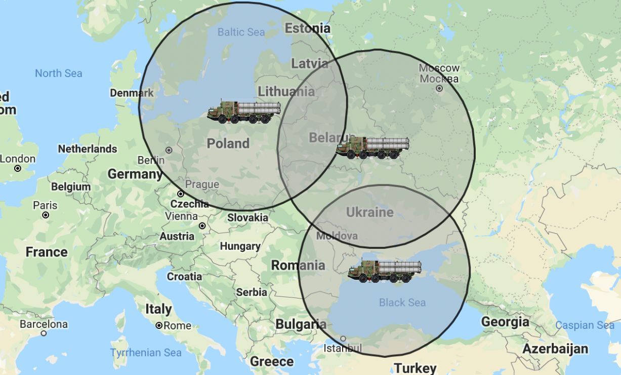 Обсегът на С-500, ако установките бъдат разположени по границата на Русия