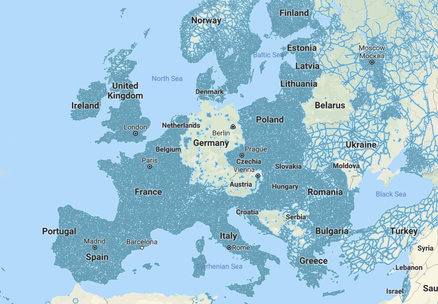 В синьо са всичките заснети градове, села и пътища в Европа