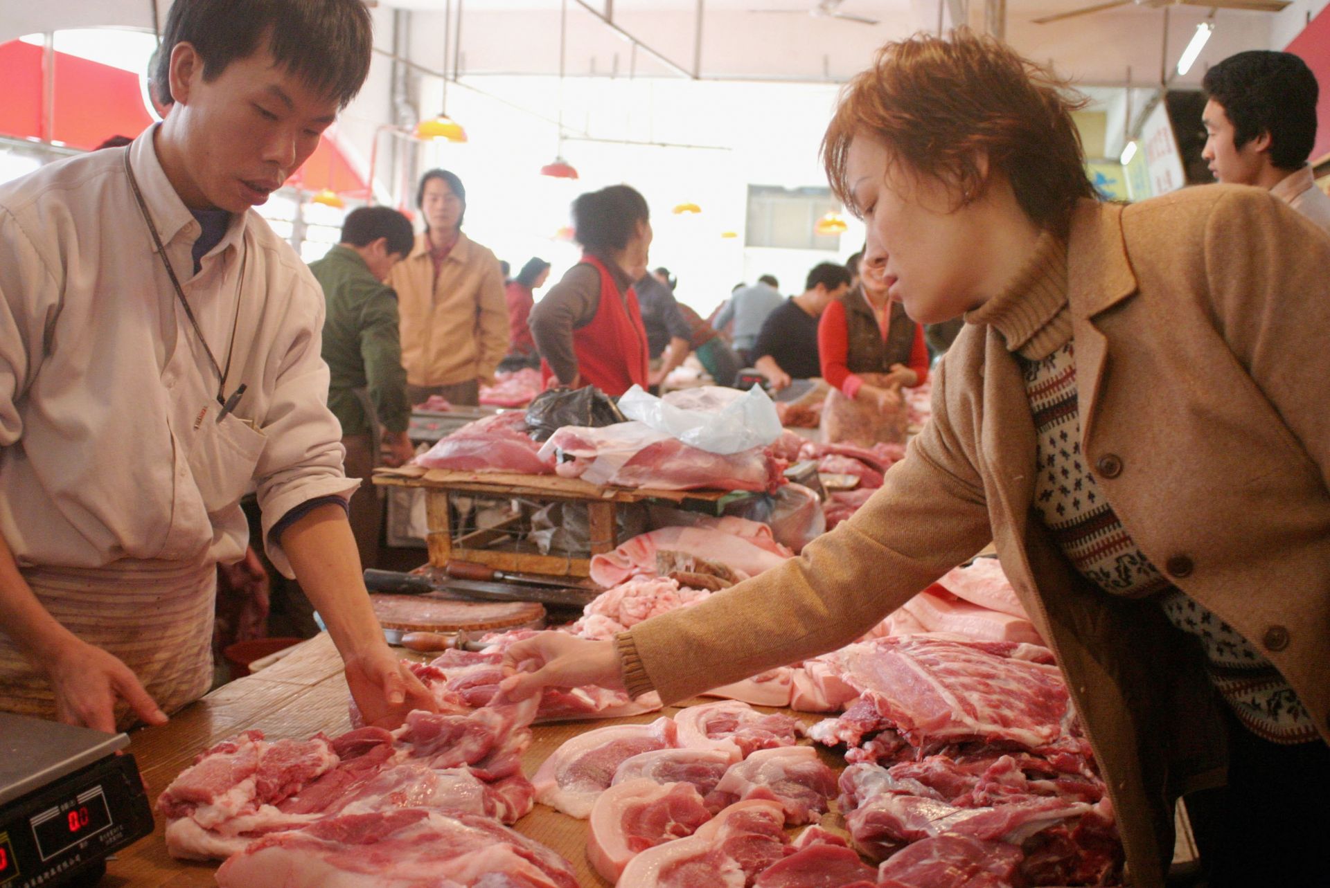 13 януари 2003 г.: Жена купува месо на пазар в Шенжен, Китай, откъдето се твърди, че тръгва заразата