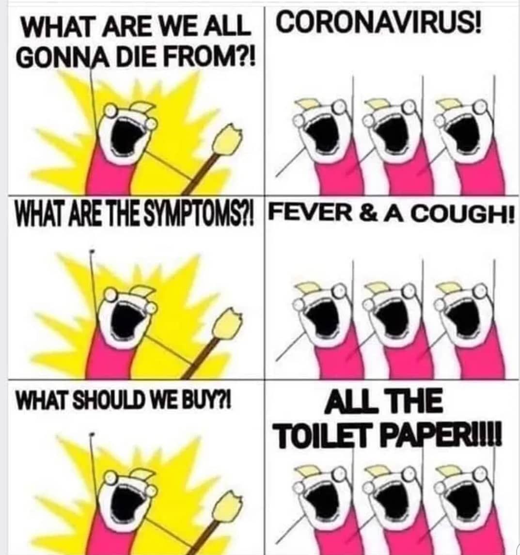 От какво ще умрем? Коронавирус! Какви са симптомите? Температура и кашлица! Какво трябва да купим? Всичката тоалетна хартия на света!