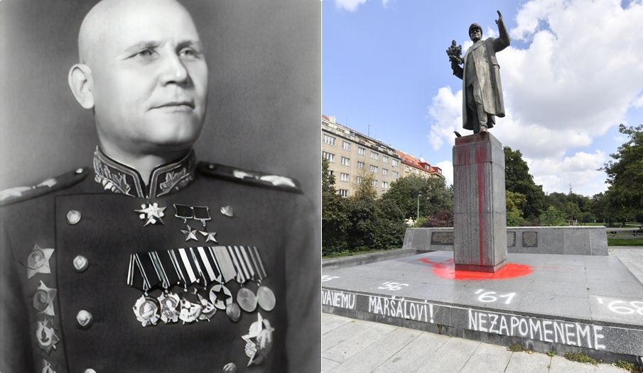 Маршал Иван Конов и паметникът в Полша с неговата статуя, която беше демонтирана през април