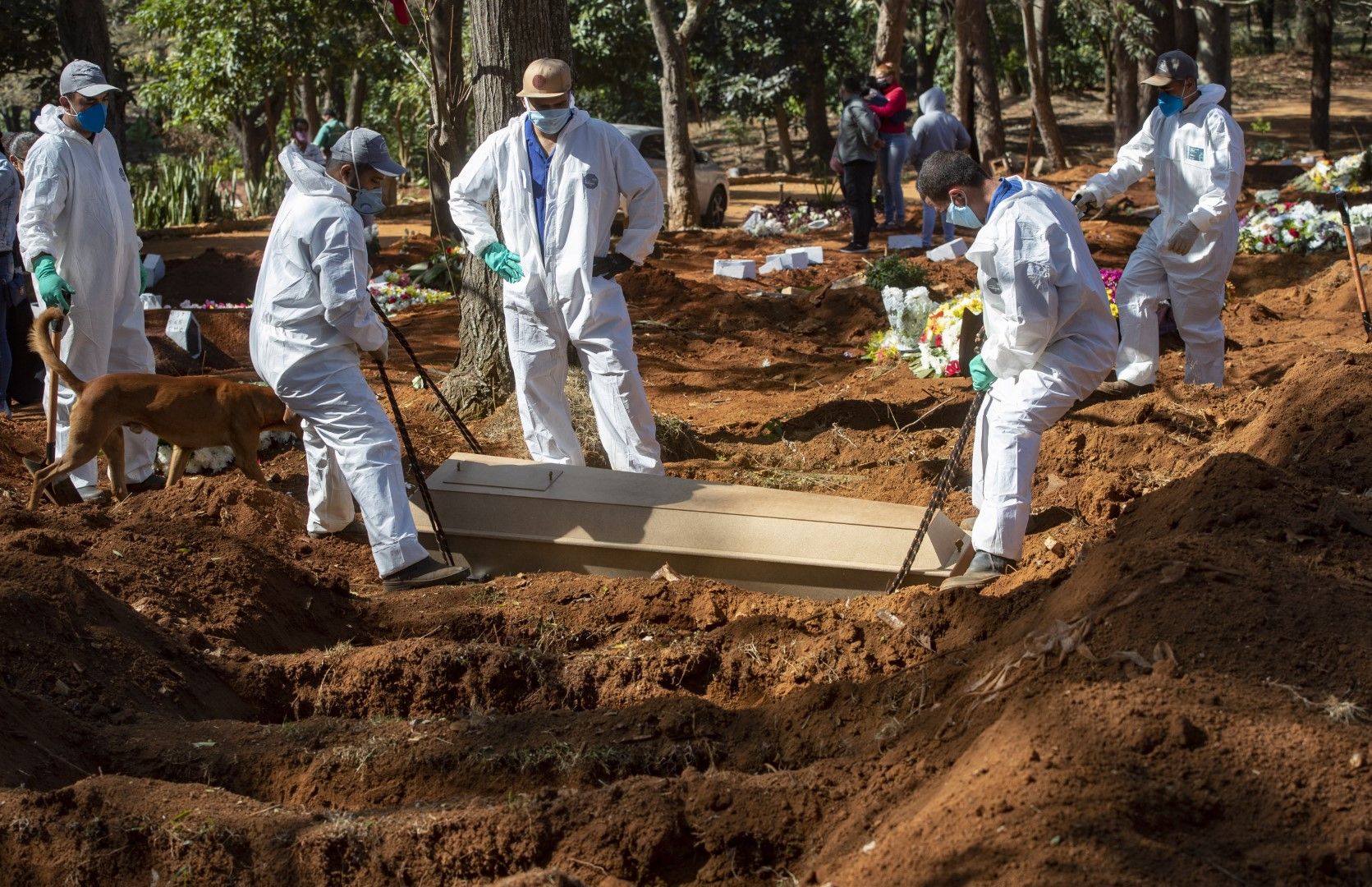 Работници копаят гробове и погребват жертви на Covid-19 в Сао Пауло, Бразилия