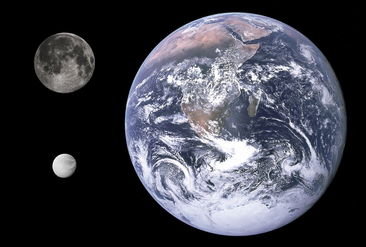 Диона, сравнена с Луната и Земята
