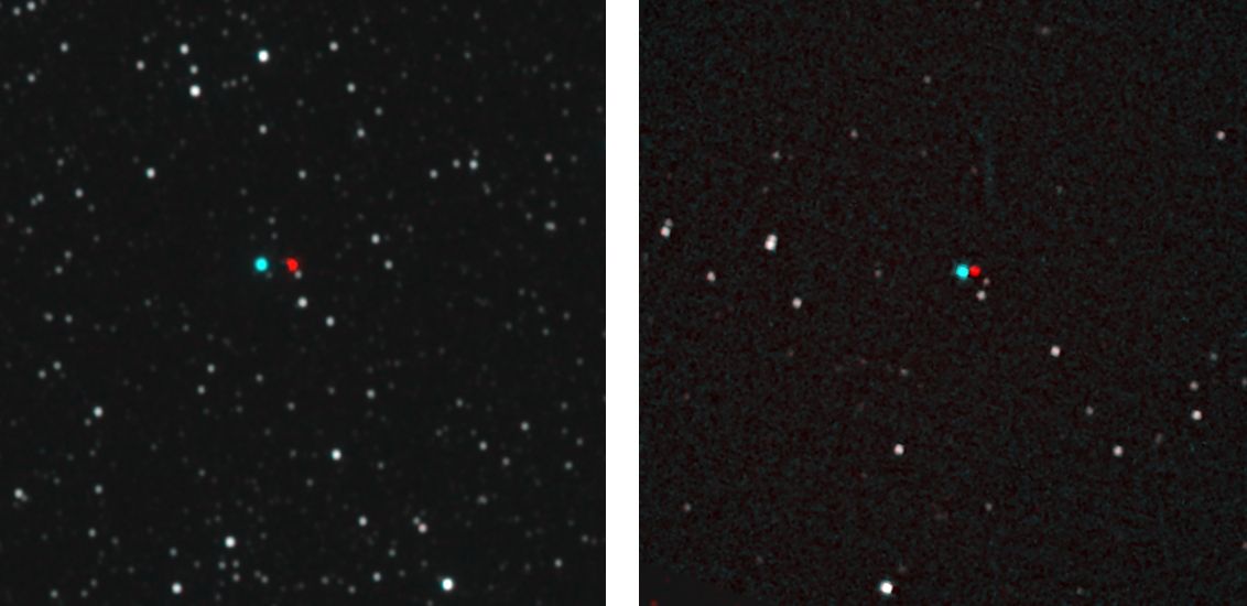 В червено и синьо са звездите Proxima Centauri и Wolf 359