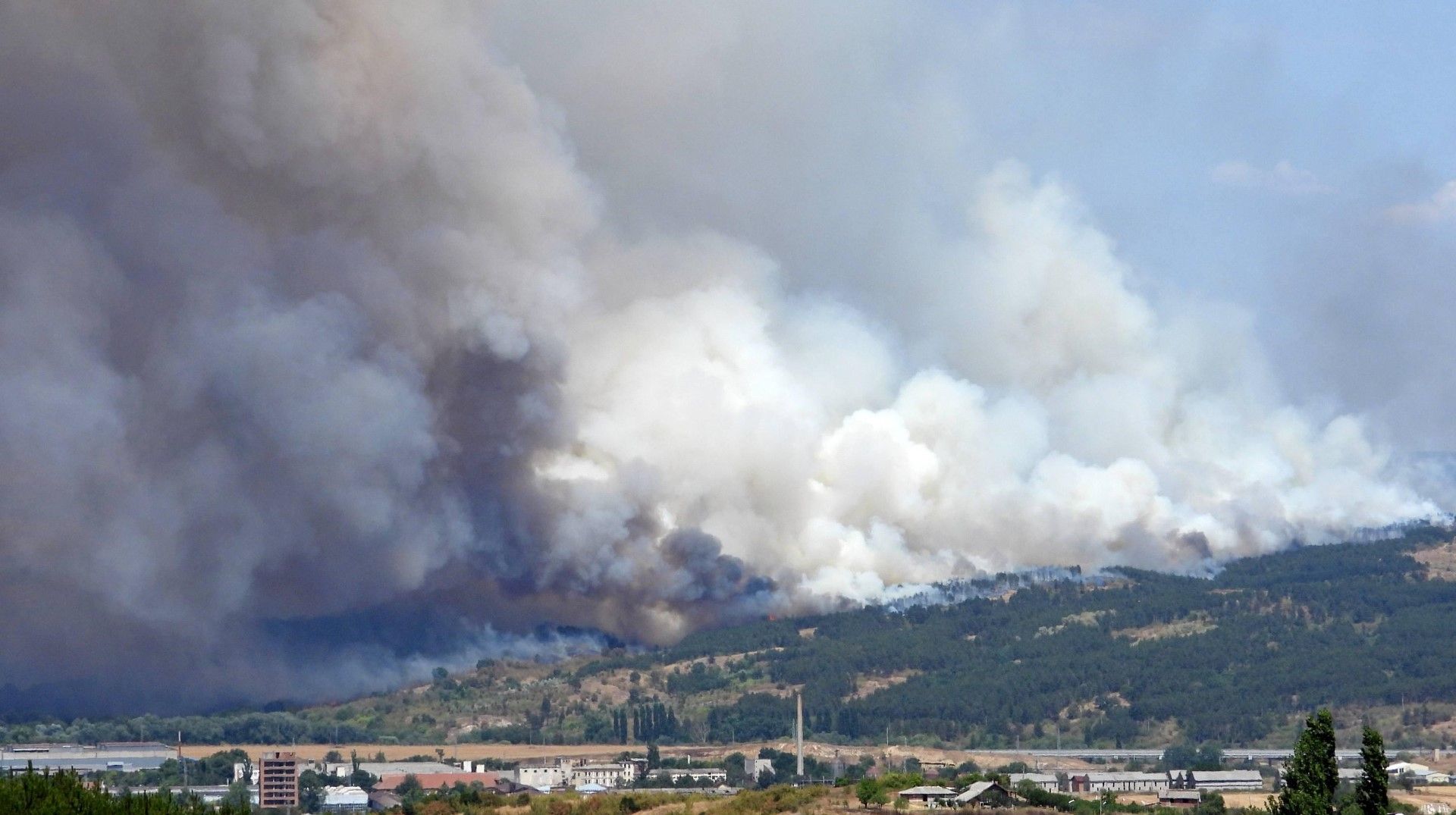 Пламъците са обхванали нискостеблена растителност и борова гора между селата Доситеево и Рогозиново.  Вятърът допълнително усложнява обстановката
