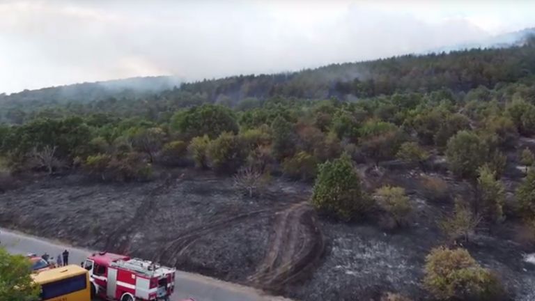 Огънят по периметъра на пожара между селата в Сакар планина