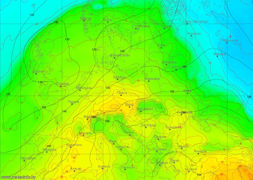 Карта на очакваните температури във височина - вижда се фьоновото затопляне около и северно от Алпите