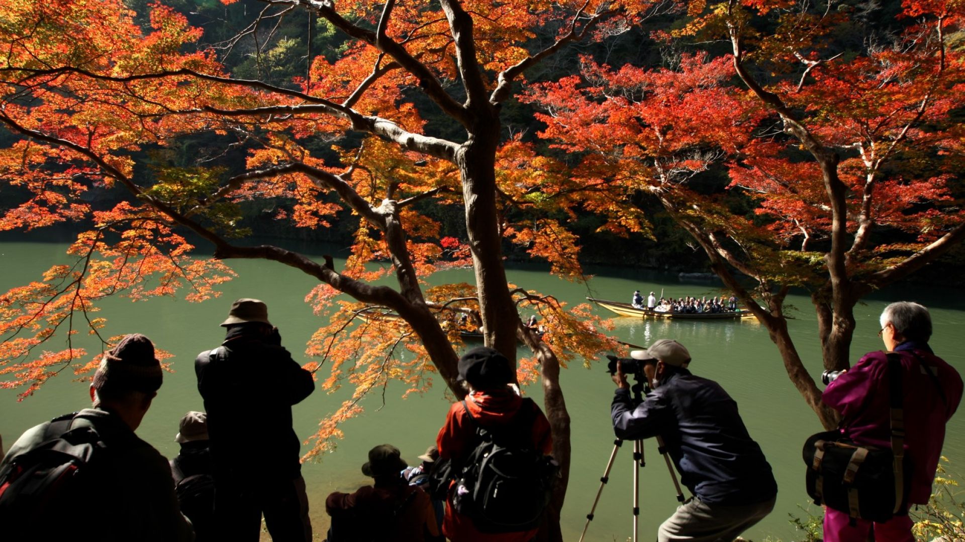Японци снимат отразяващите се във водите на езеро есенни листа в Киото.
