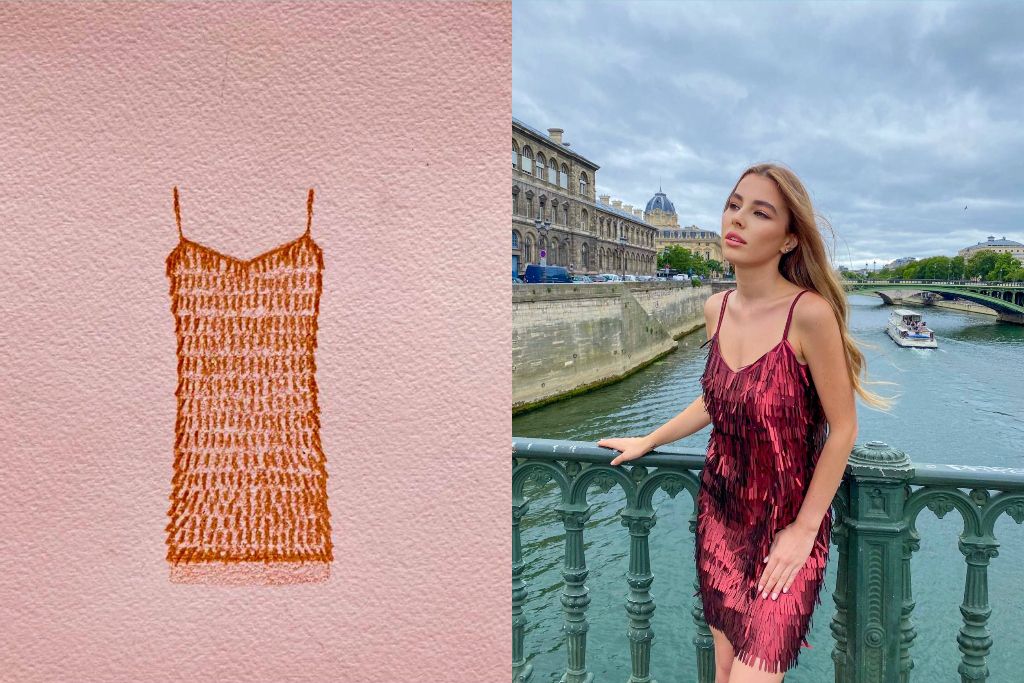 Скицата на роклята и завършената дреха, облечена от Симона Трайкова в Париж