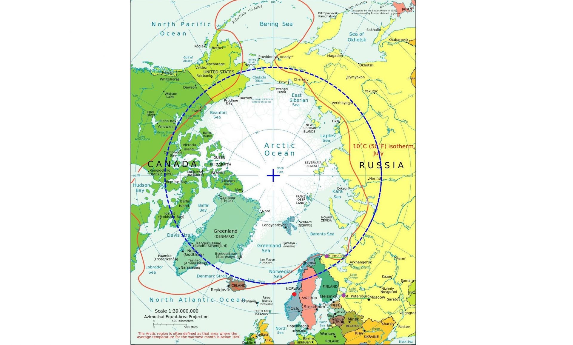 Карта, показваща базата Ерлан в червено, както и Мурманск и Санкт Петербург в лилаво