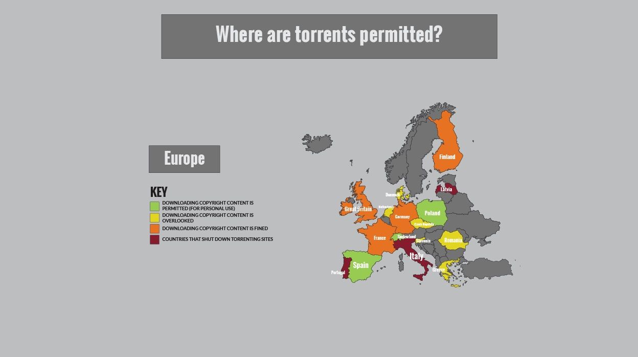 Тегленето на торенти се преследва в Италия, Германия, Франция, Великобритания, Ирландия, Португалия, Латвия и Финландия 