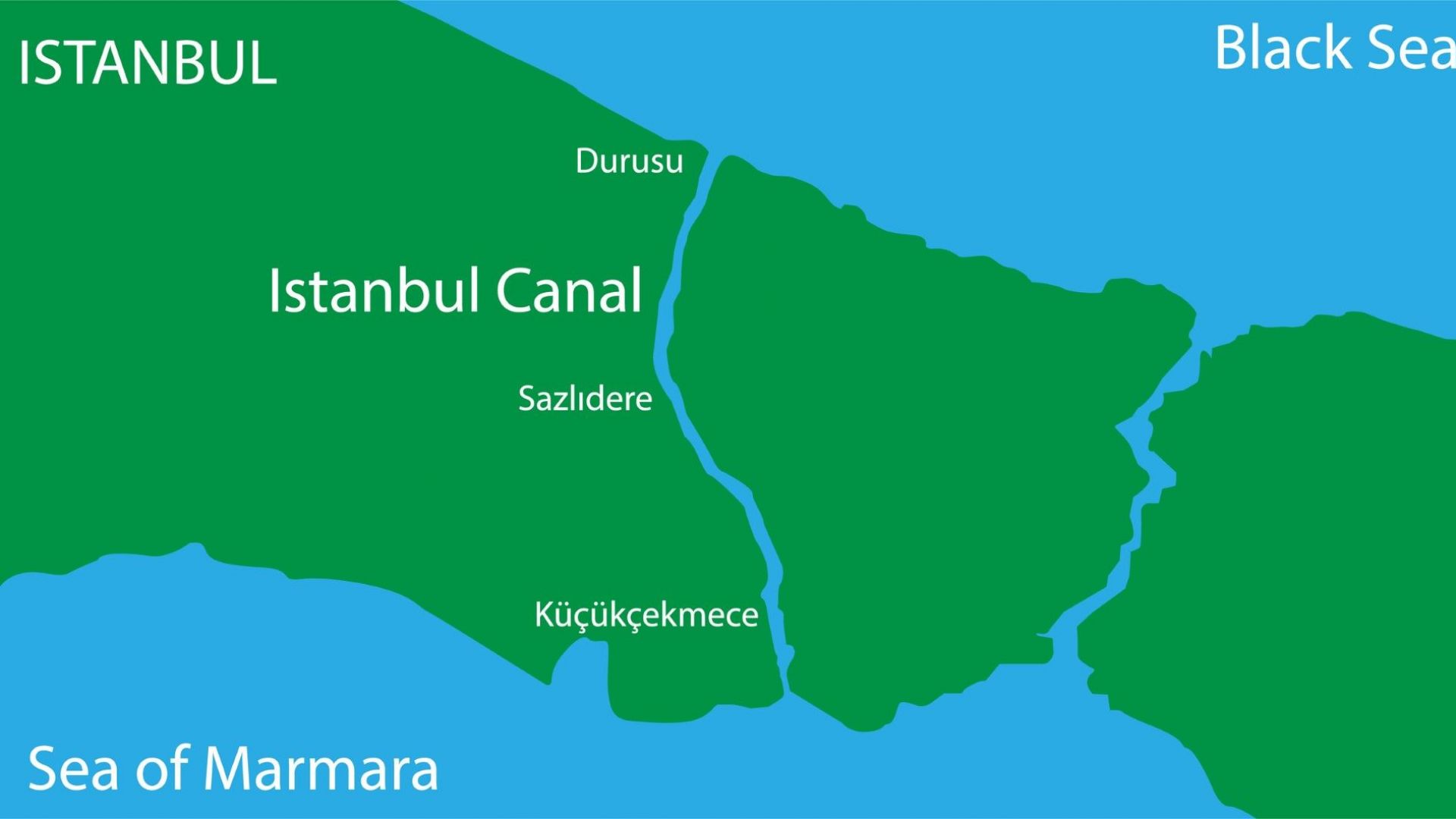 Трасето на планирания Канал Истанбул, вляво от Босфора