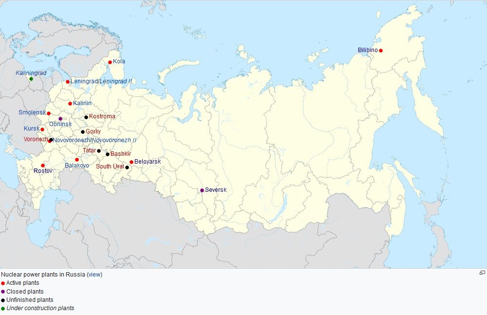 Карта, показваща построените в Русия АЕЦ-и