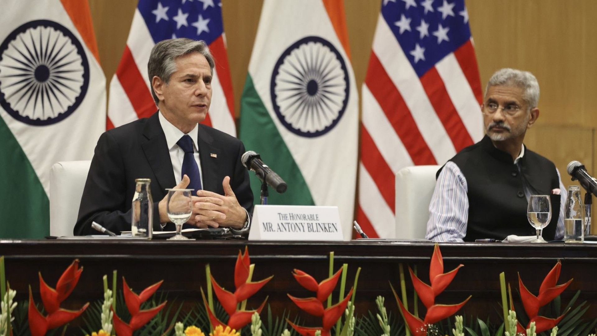 Държавният секретар на САЩ Антъни Блинкен говори по време на съвместна пресконференция с индийския външен министър Субраманьям Джайшанкар в Делхи, Индия, сряда, 28 юли 2021 г. 
