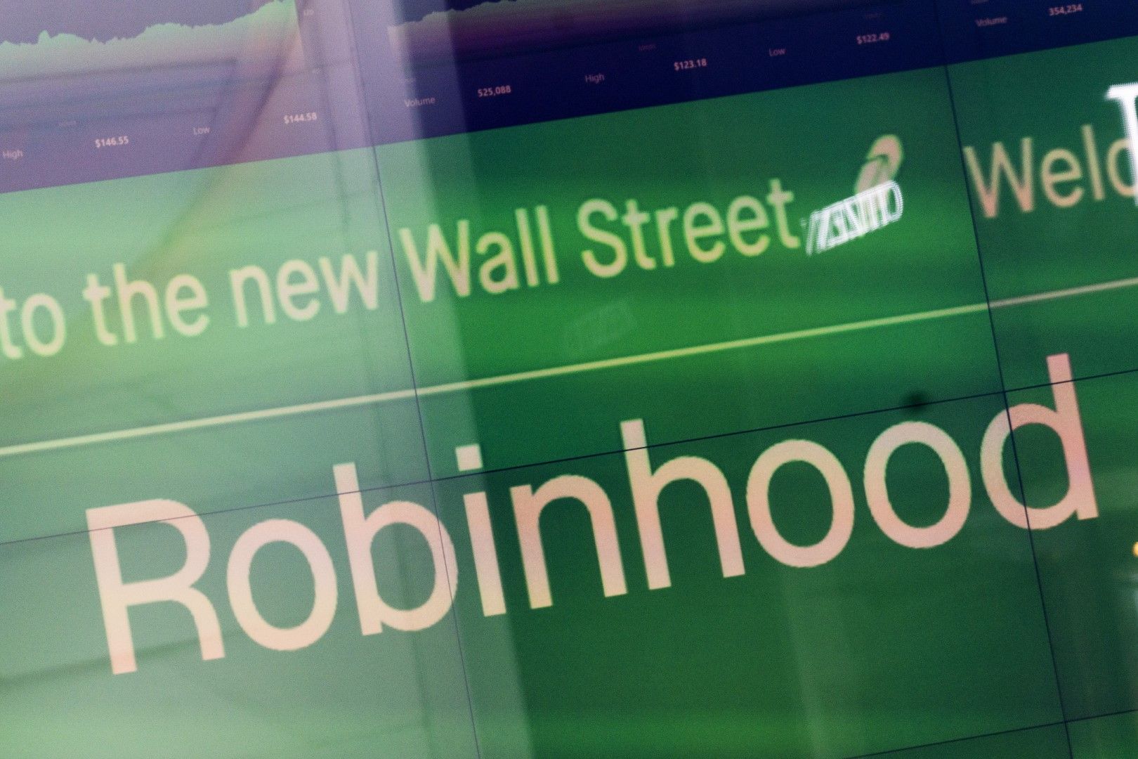Електронен екран в Nasdaq показва Robinhood (Робинхуд) на Таймс Скуеър в Ню Йорк след IPO на компанията, в четвъртък, 29 юли 2021 г. 