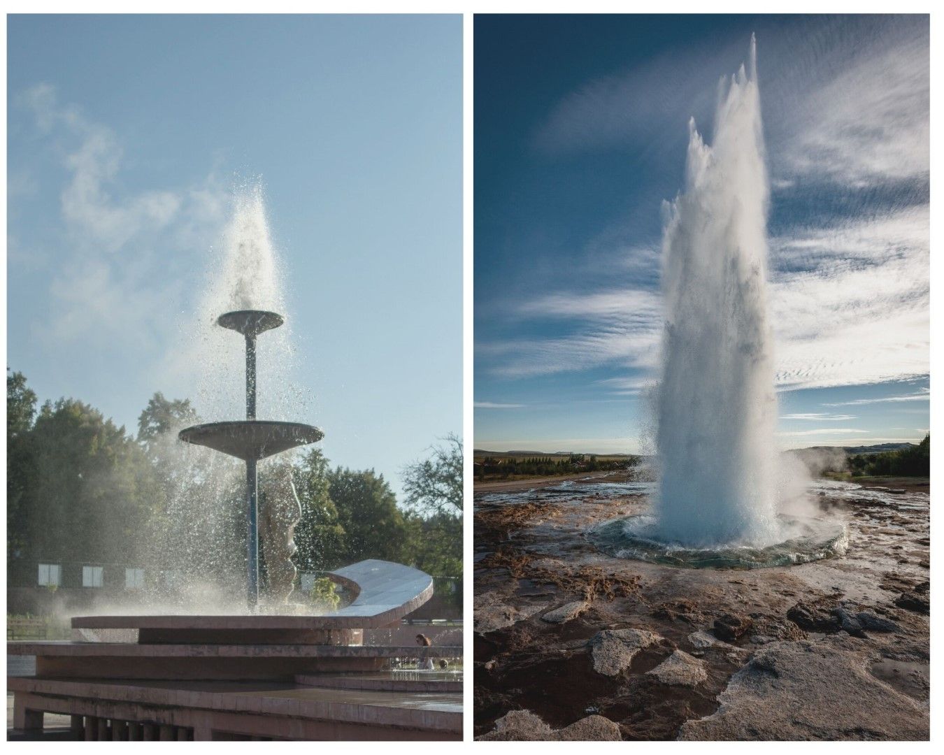 Вляво: Гейзерът в Сапарева баня. Вдясно: Гейзерът Стокур в Исландия.