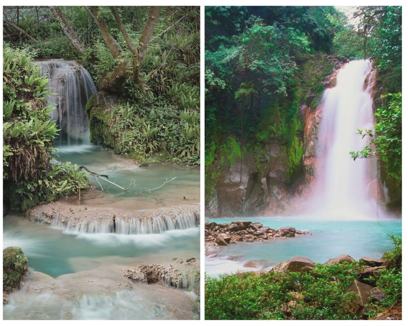 Вляво: Крушунски водопади. Вдясно: Водопад Селесте в Коста Рика.