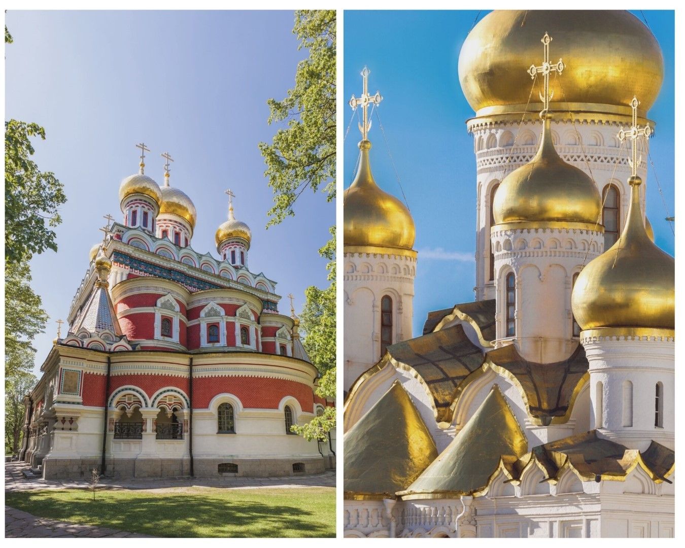 Вляво: Шипченски манастир. Вдясно: Детайл от Кремъл в Москва