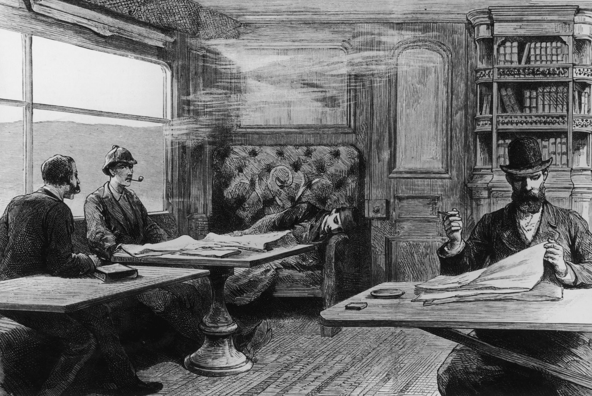 Пътници в зоната за пушене край библиотеката в "Приент Експрес" - 1886 г. 
