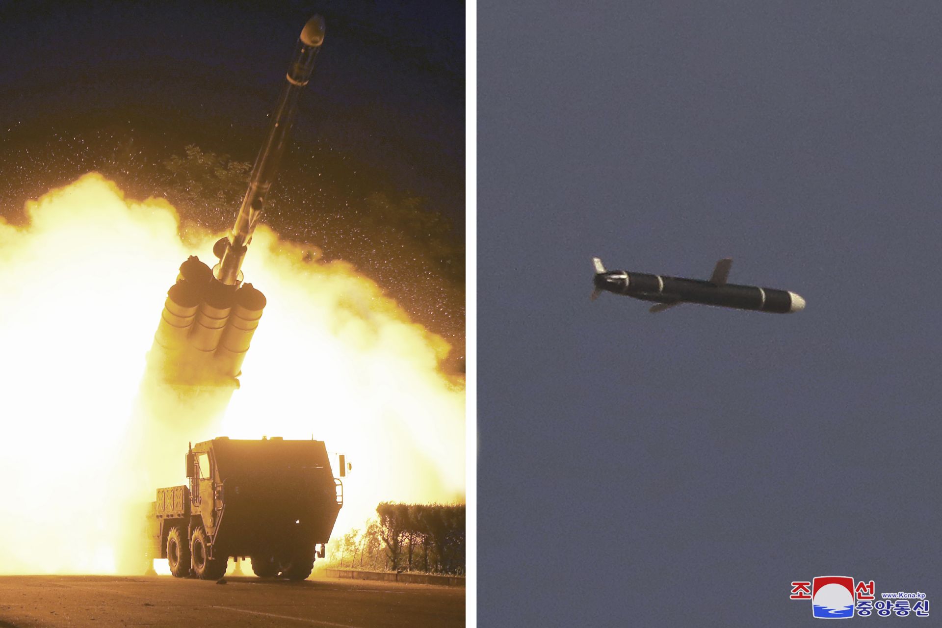 Тази комбинация от снимки, предоставена от правителството на Северна Корея в понеделник, 13 септември 2021 г., показва тестове за крилати ракети с голям обсег, проведени на 11-12 септември 2021 г.