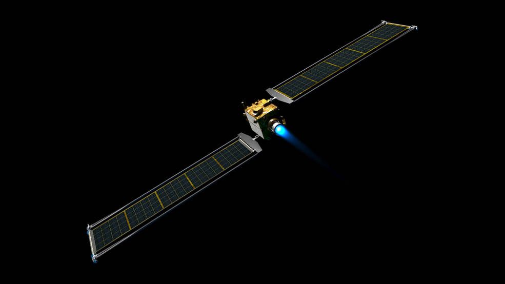 Илюстрация на космическия кораб DART (ДАРТ) с два соларни масива ROSA с размери 8,6 метра на 2,3 метра 