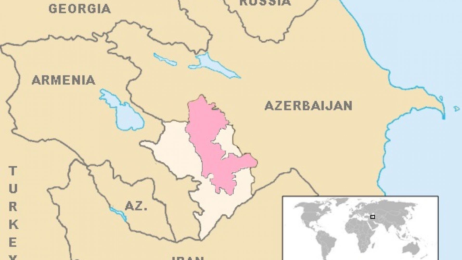 В розово е оригиналната територия на арменската автономия в Карабах, а в Бяло са завзетите от Азербайджан през 1994 година територии