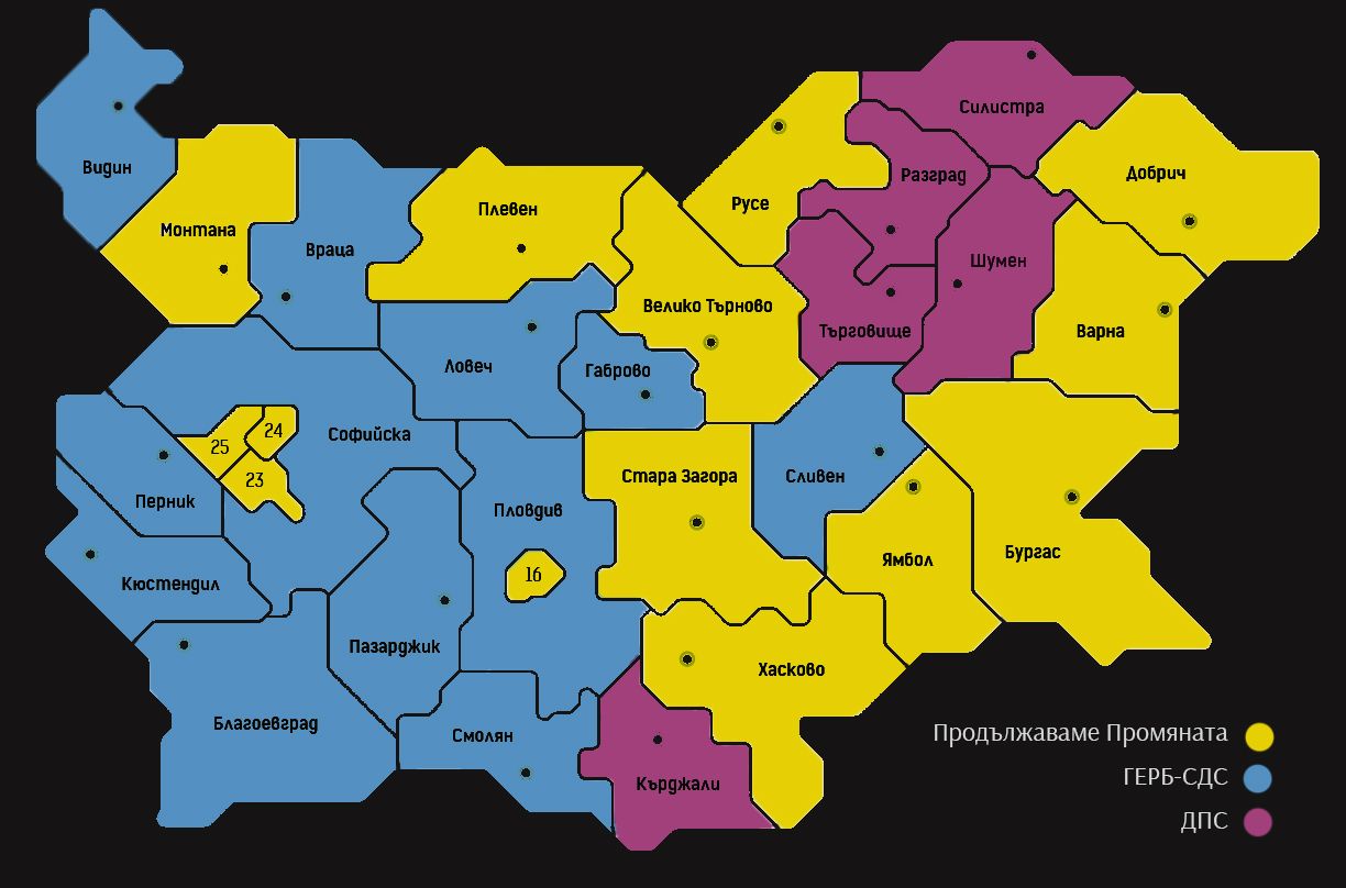 Карта на първите политически сили по изберателни региони