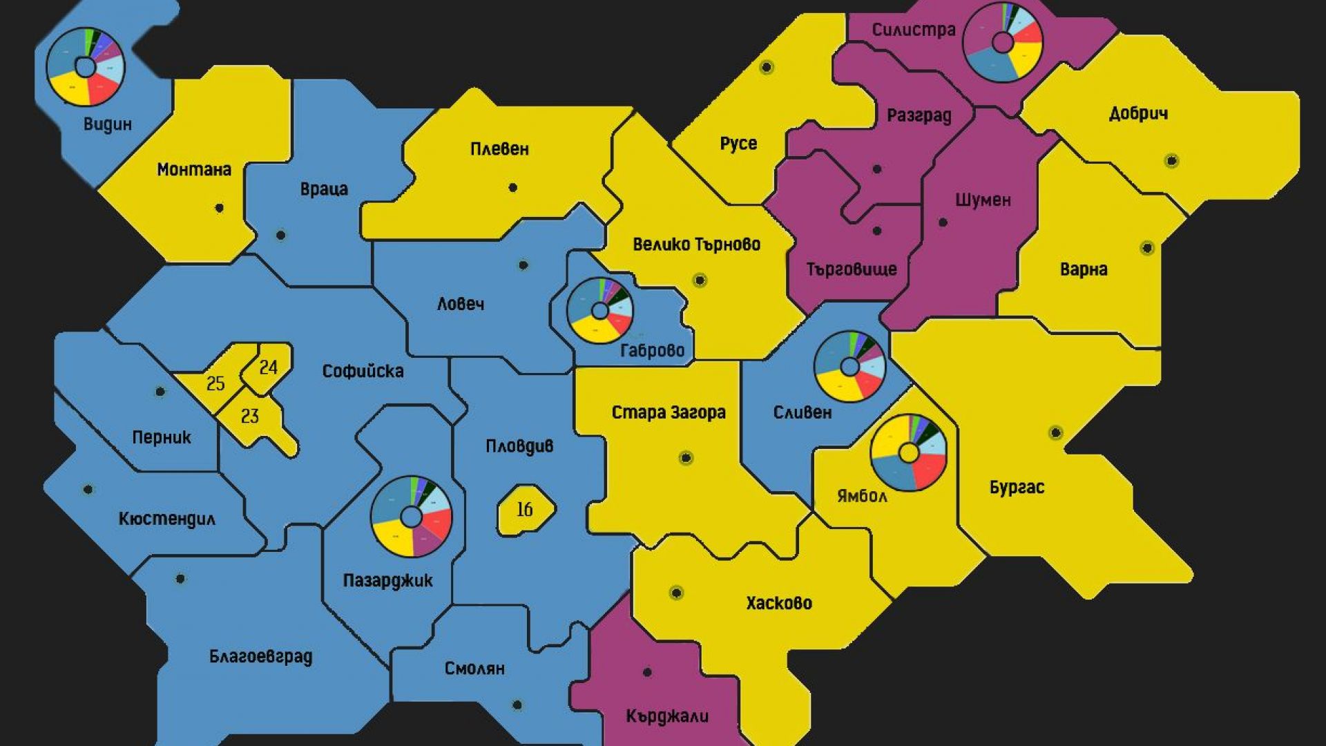Вотът по региони: ПП печели София и 10 области, ГЕРБ първи в 12 областни града, 5 взема ДПС