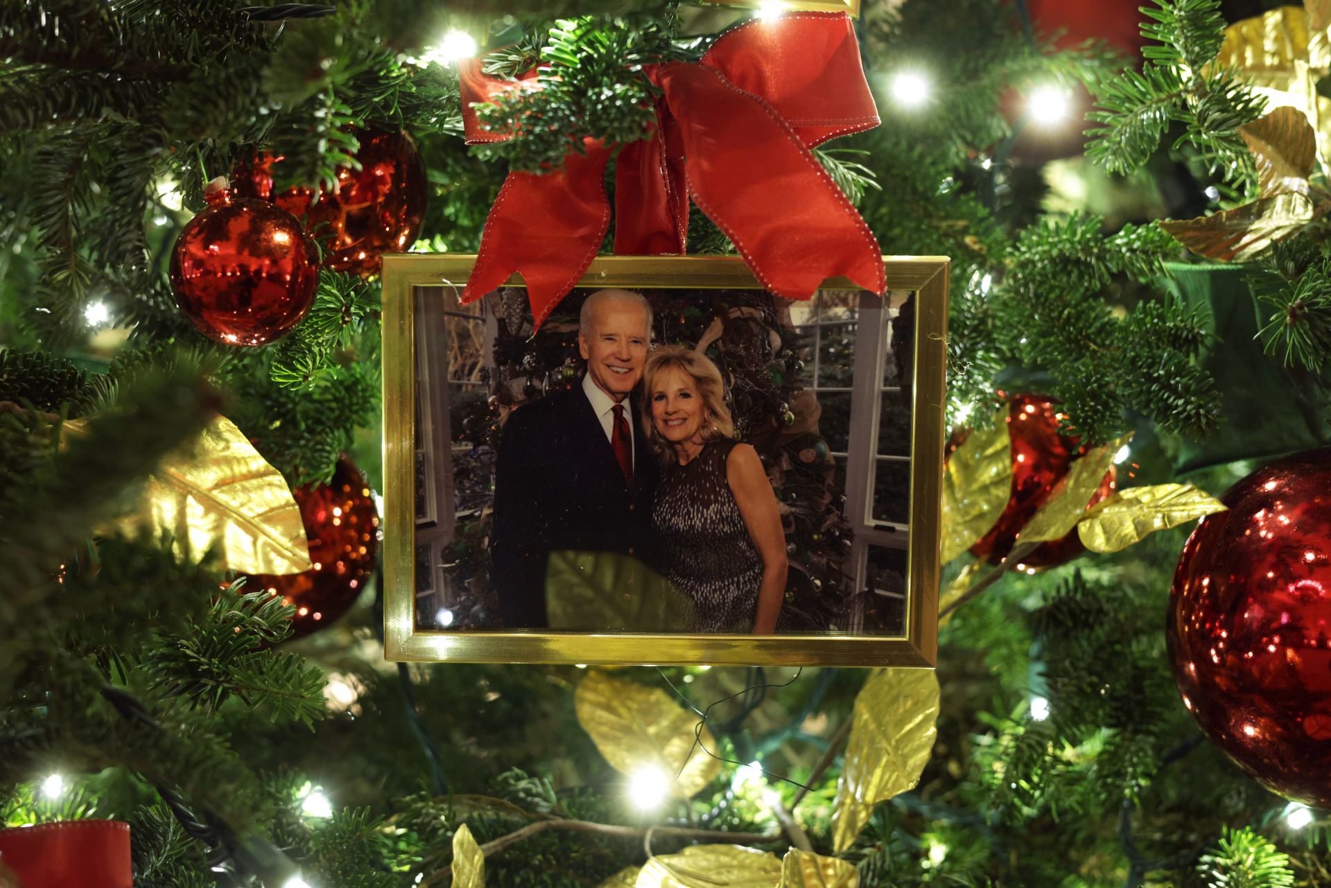 Разбира се, снимка на Джо и Джил Байдън също краси коледното дърво в Белия дом