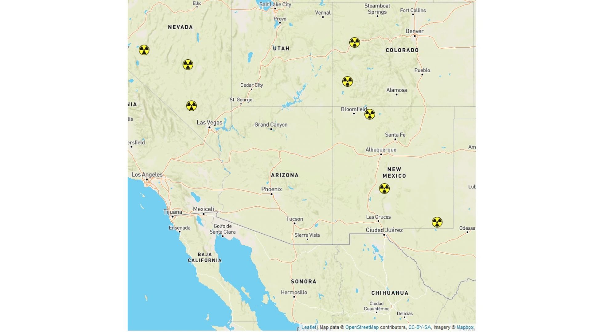 Карта, показваща част от площадките за ядрени тестове в САЩ