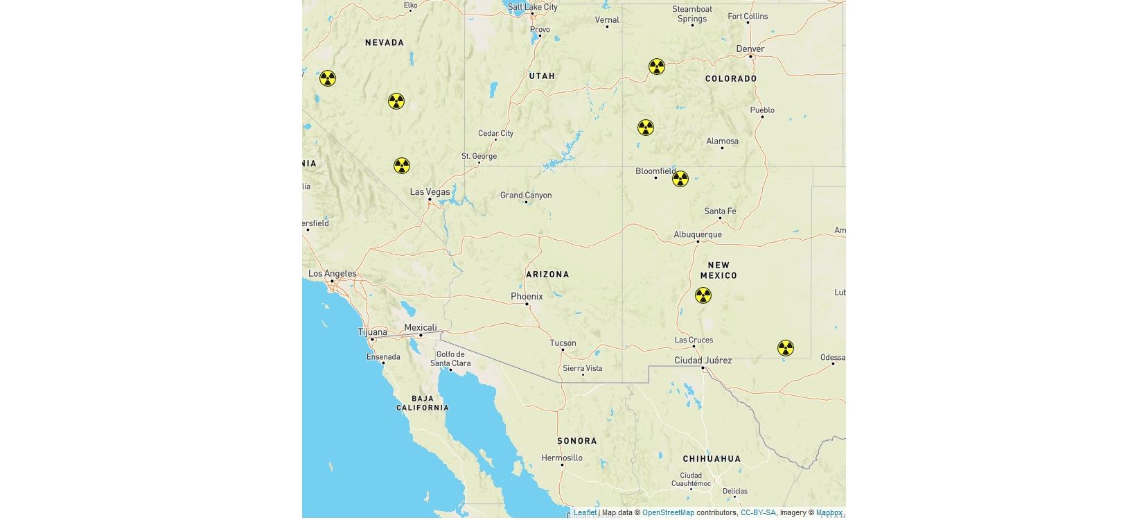 Карта, показваща част от площадките за ядрени тестове в САЩ