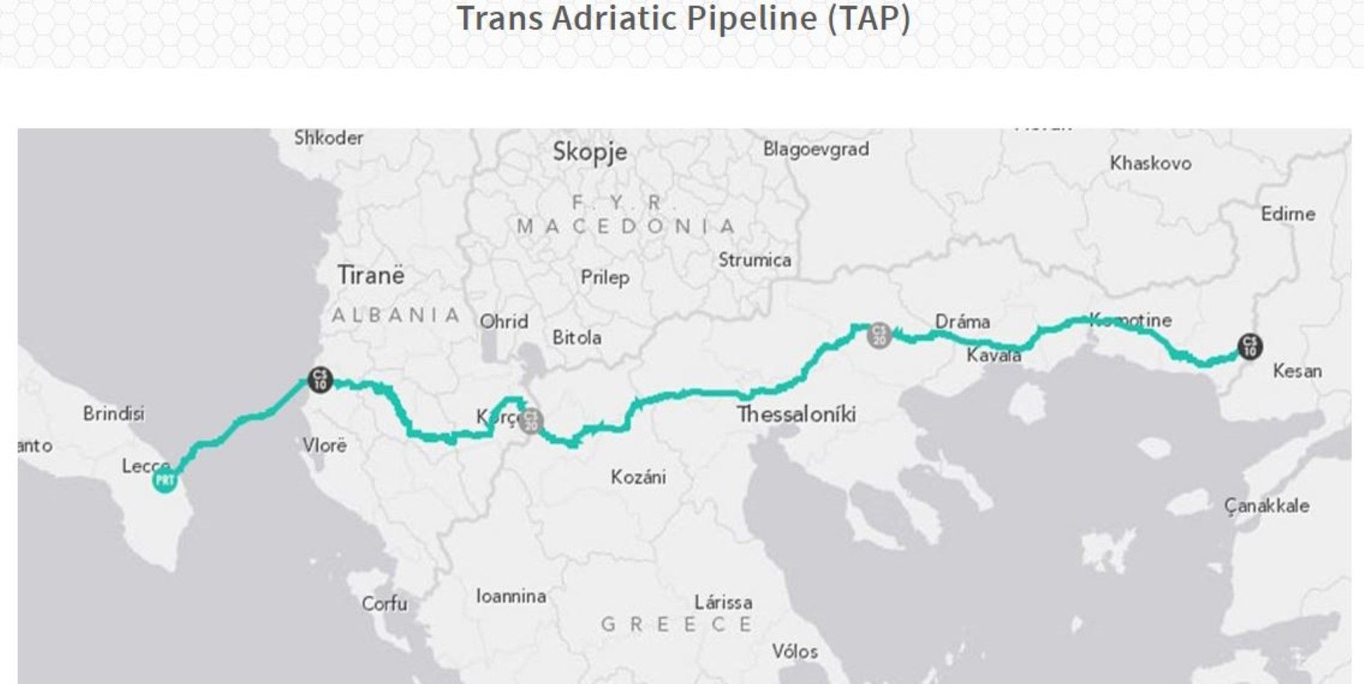 Маршрутът на Трансадриатическия газопровод, част от Южния газов коридор