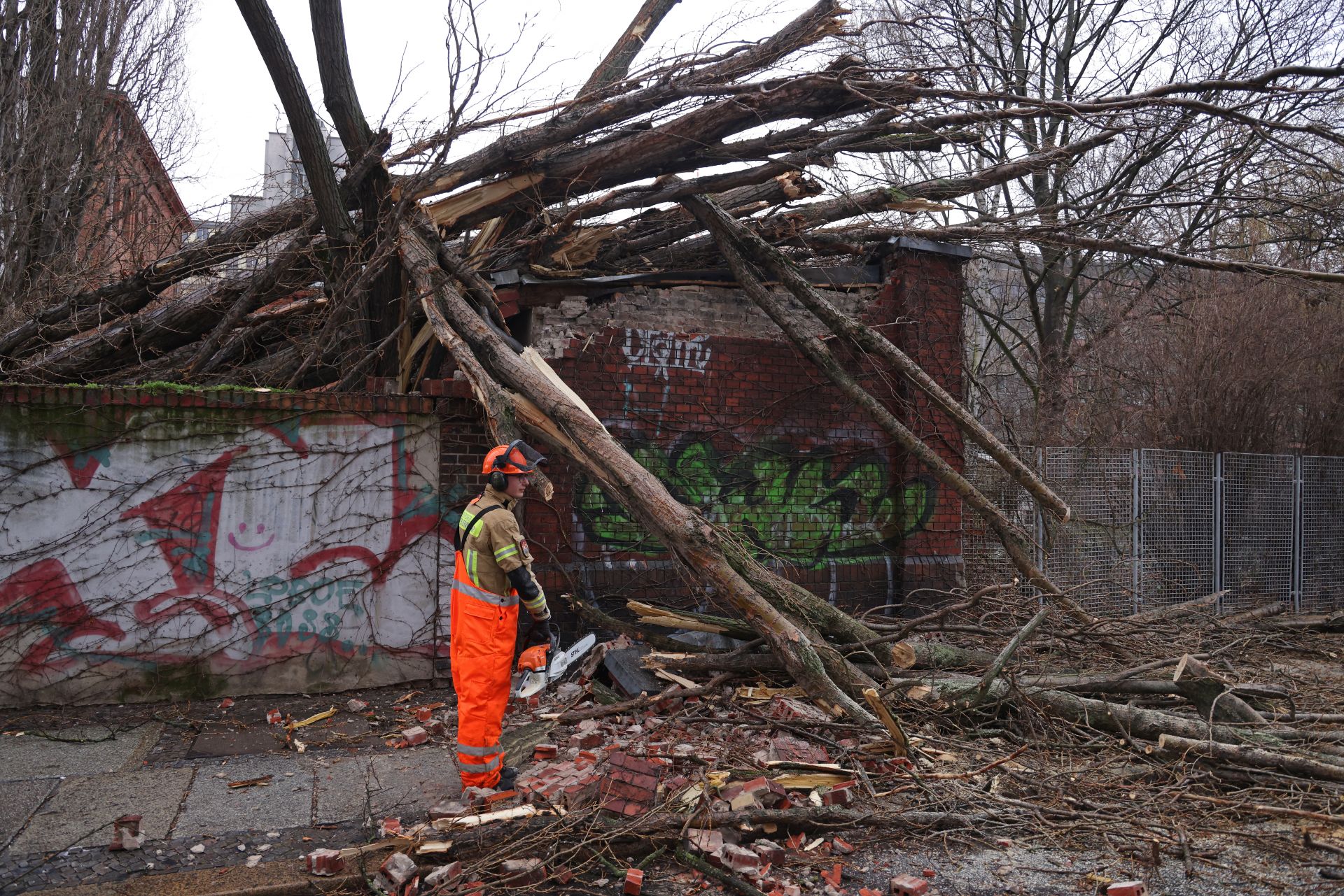 Пожарникар отстранява паднало дърво след силна буря на 17 февруари 2022 г. в Берлин, Германия. Мощните ветрове от бурята Иления причиниха огромни щети, като прекъснаха въздушните и железопътните услуги в цяла Германия.