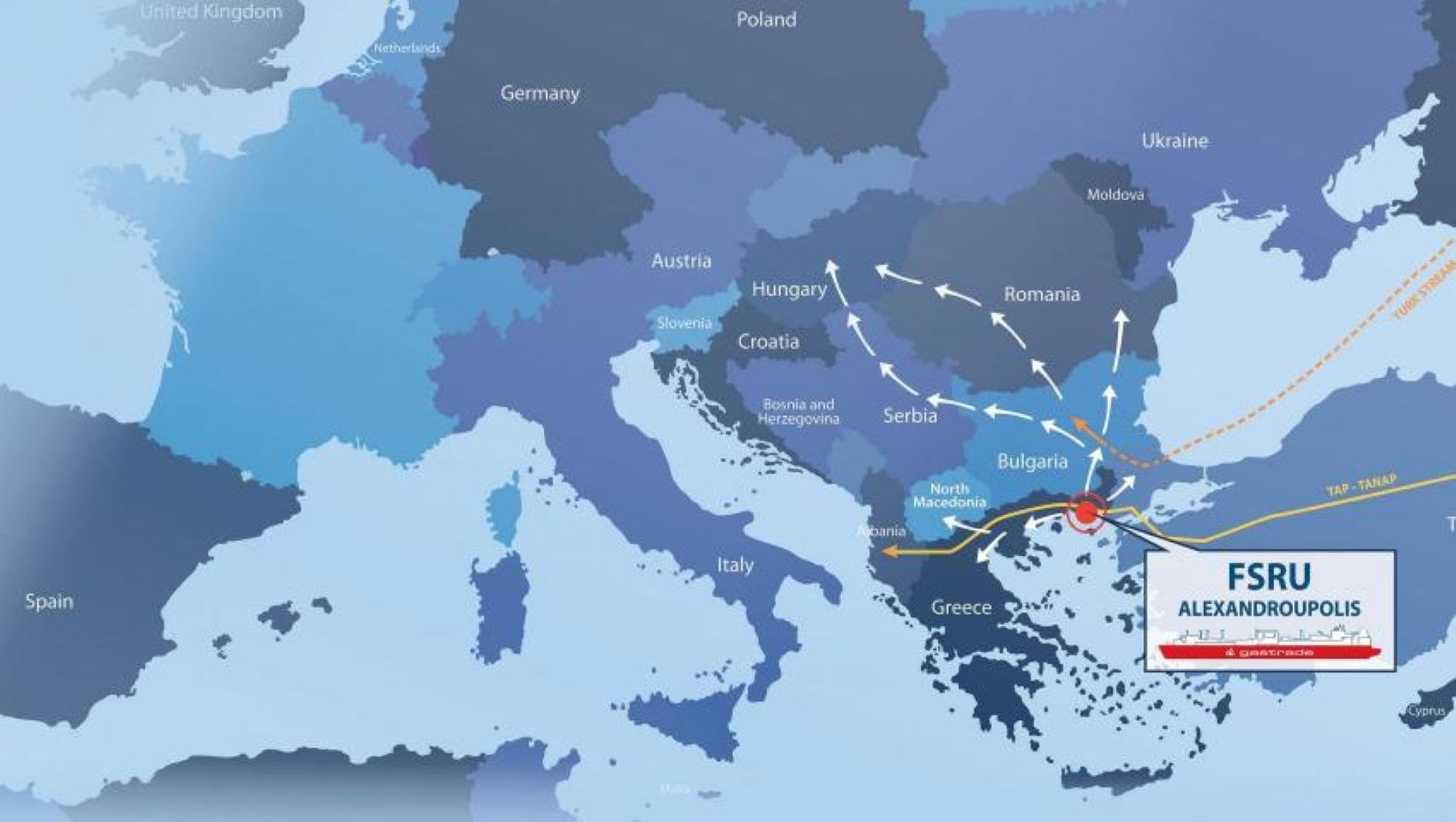 Карта на терминала за втечнен природен газ край Александруполис и посоки на планирания пренос