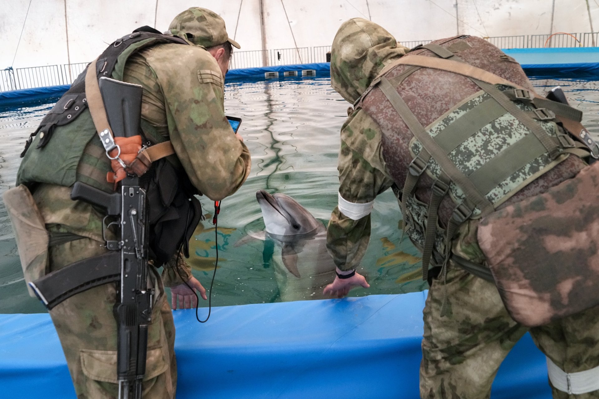 Руски войници в делфинариума в Скадовск, Херсонска област, 20 май 2022 г.