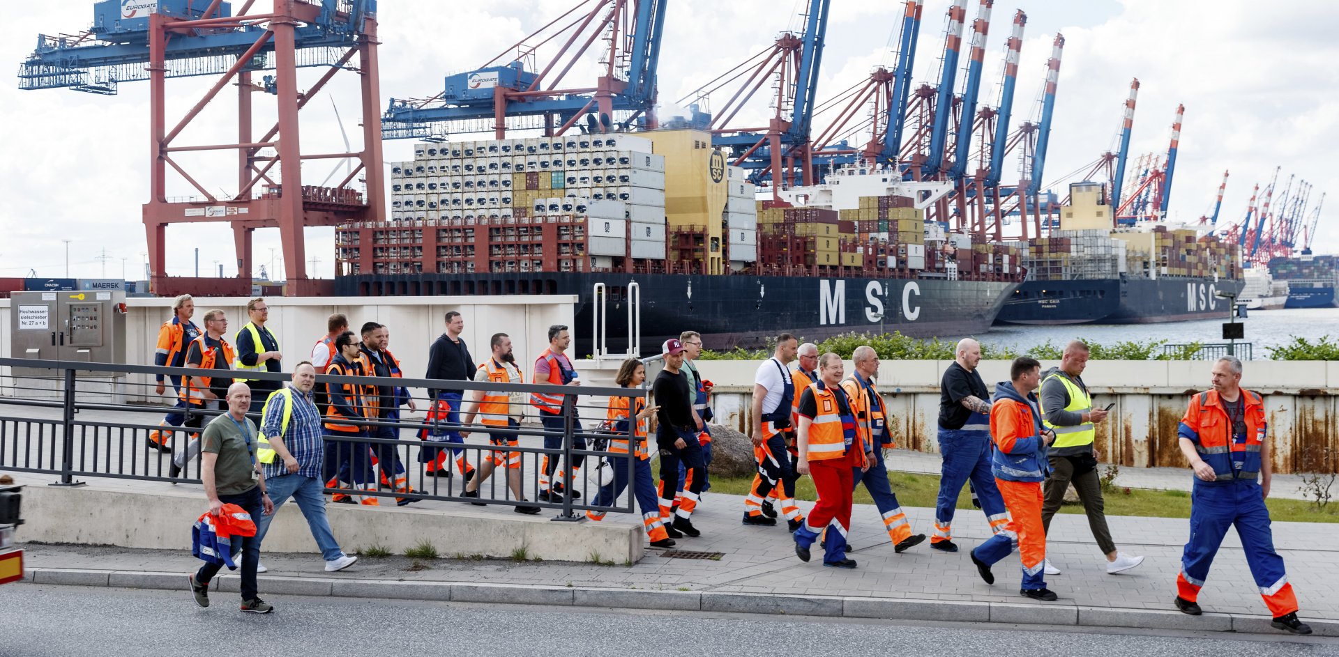 В порта не могат нито да влизат, нито да излизат големи товарни кораби от 10 часа местно време до второ разпореждане (снимка архив от стачка в хамбургското пристанище през юни 2022 г.)