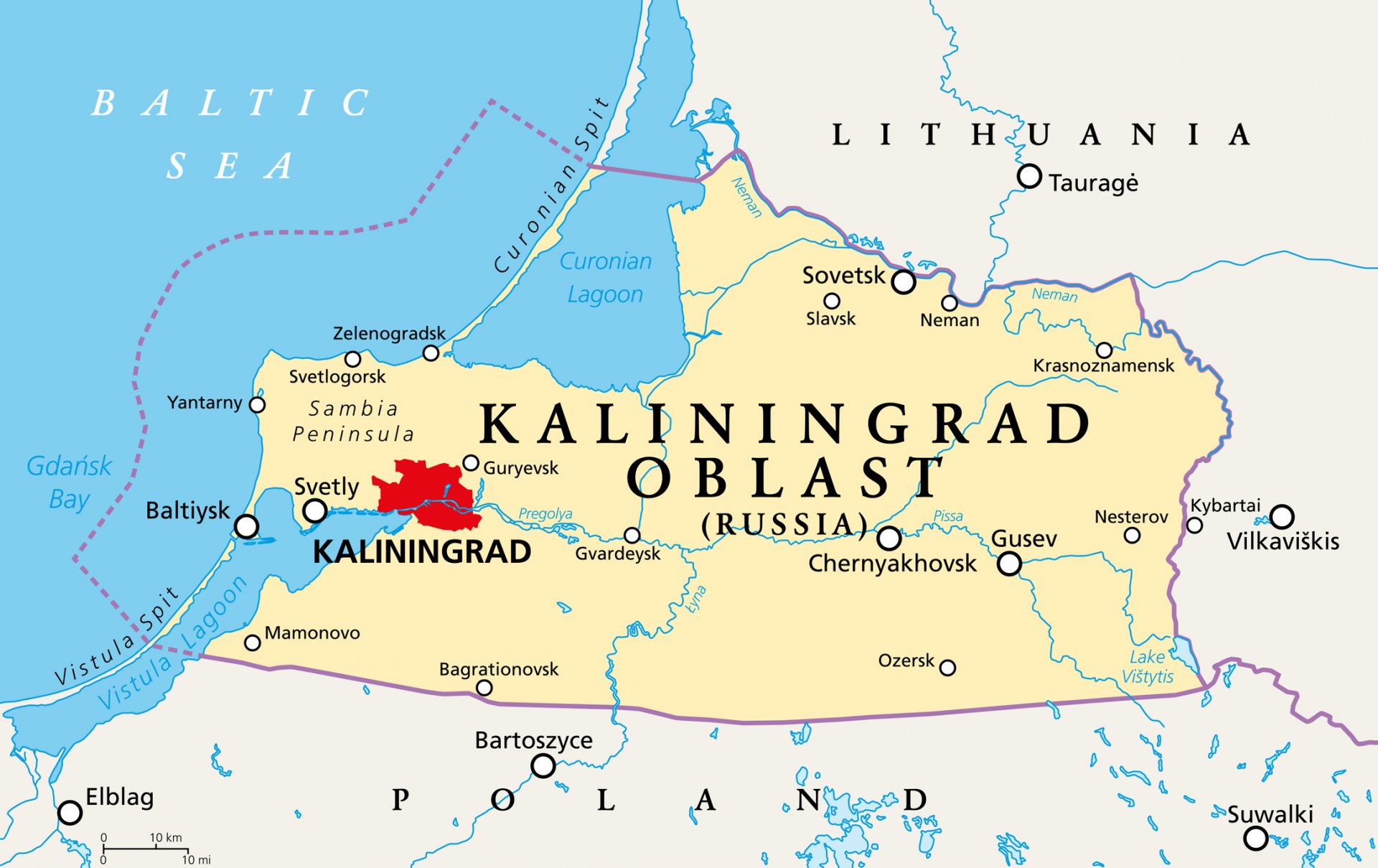 Калининград, ексклав между Литва, Полша и Балтийско море - по суша стоки от Русия може да преминават само през Литва
