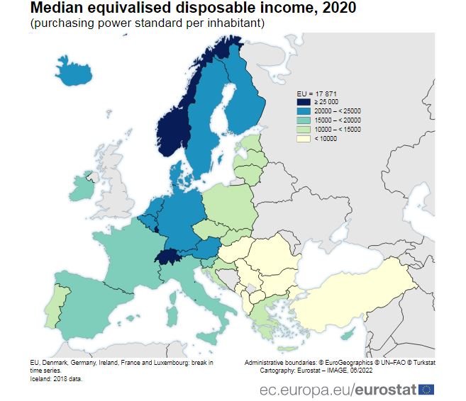 Медианен приравнен разполагаем доход, 2020 г (стандарт на покупателна способност на жител)