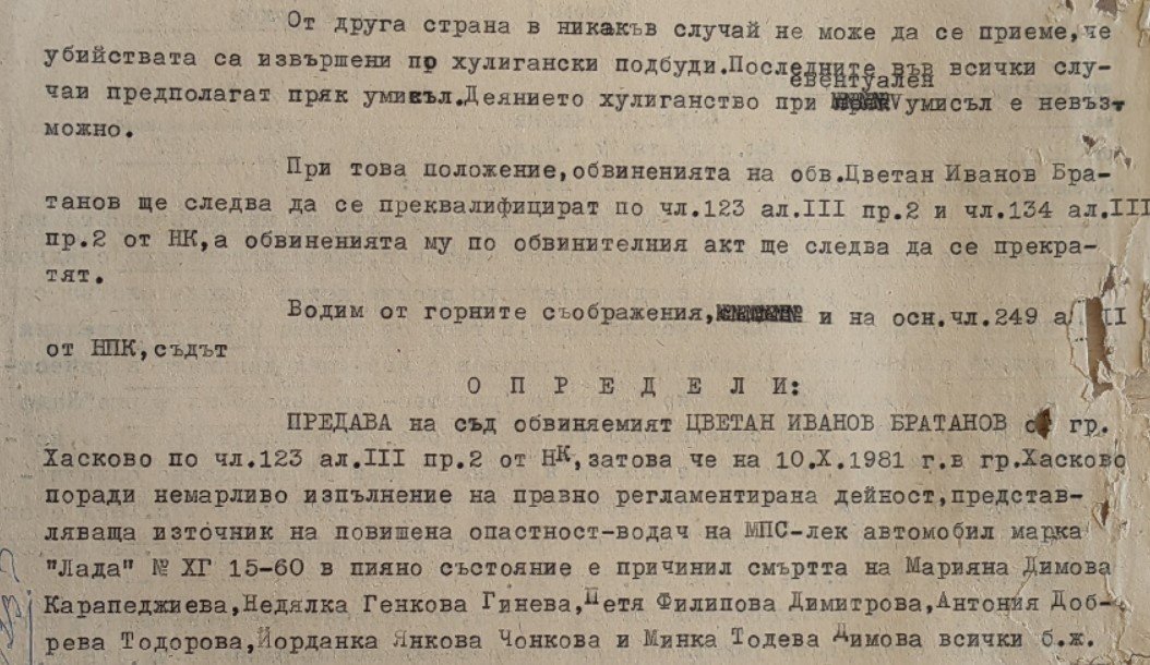 Част от определението на Хасковския окръжен съд за преквалифициране на обвинението срещу Цветан Братанов