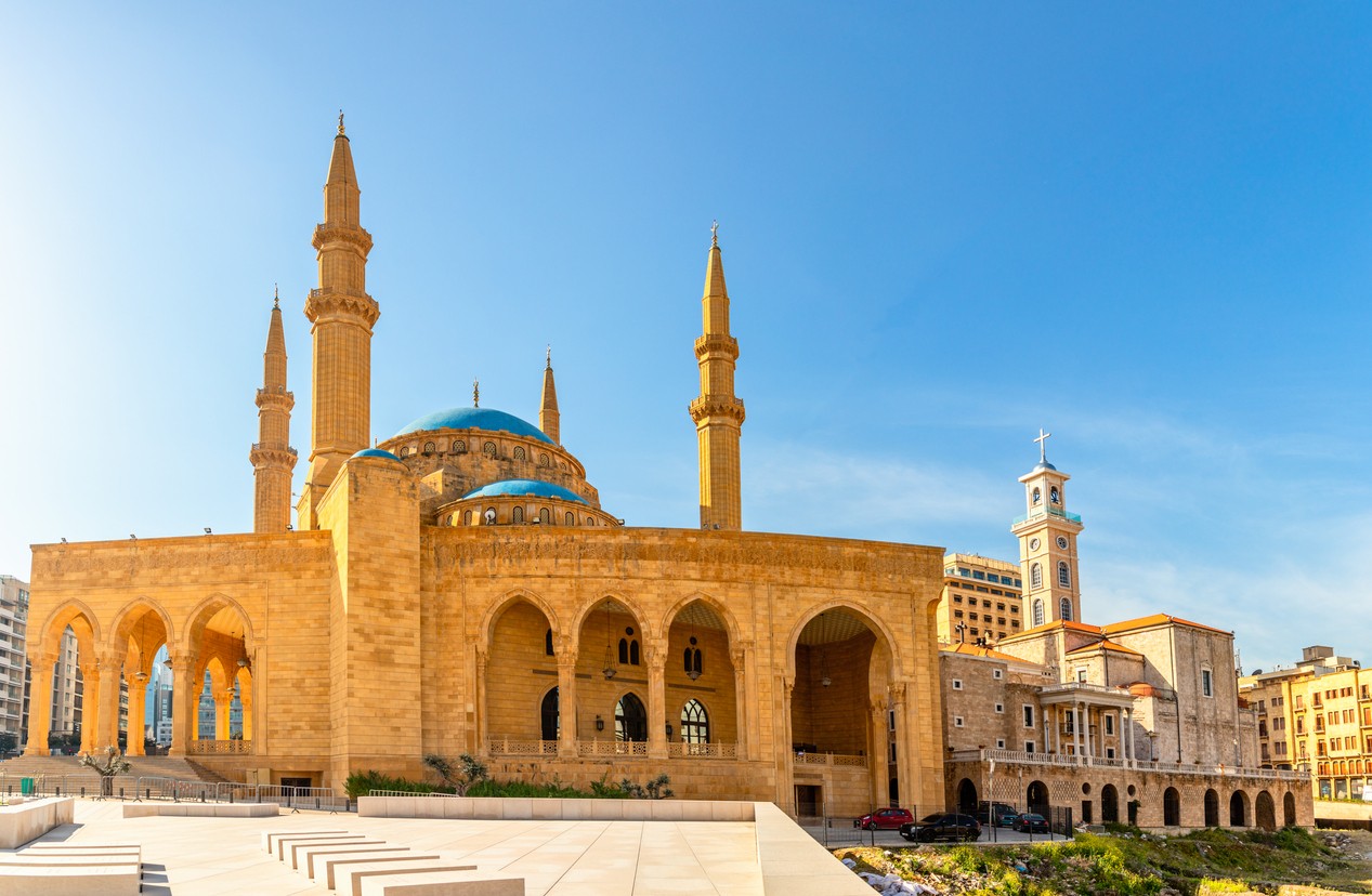 The blue-domed Ottoman-style Mohammed Al-Amin Mosque is flanked by 65-meter minarets