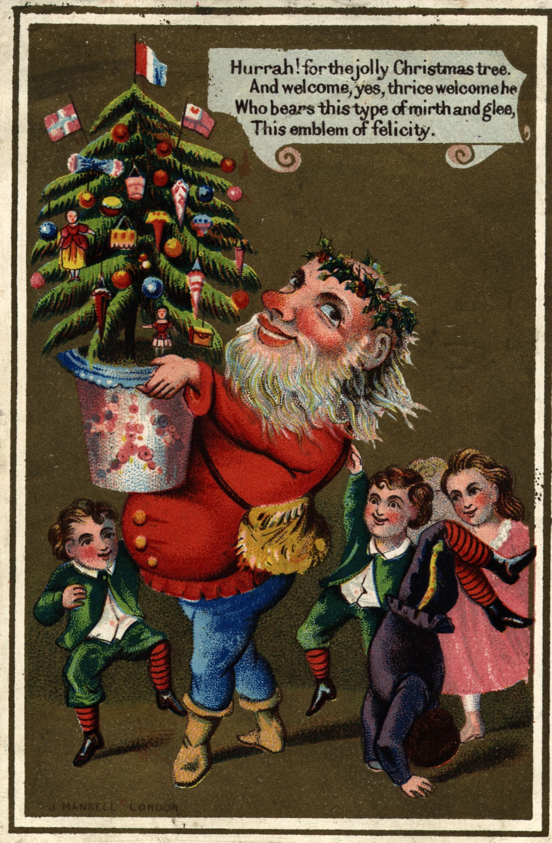 Снимка: Getty Imagesоколо 1885 г.: Дядо Коледа пристига с коледна елха за радост на децата в тази викторианска поздравителна картичка. J Mansell (Снимка от Hulton Archive/Getty Images)