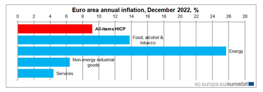 Годишна инфлация в еврозоната през декември 2022 г.