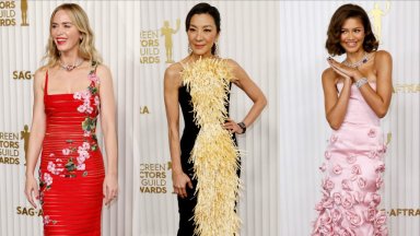 Червеният килим на наградите на Гилдията на актьорите се оживи от наситени цветове и блестящи пайети