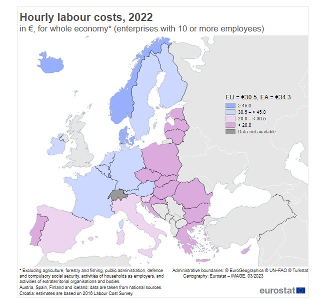 Разходи в предприятия икономиката за час (с 10 и повече души персонал), в евро, за 2022 г.
