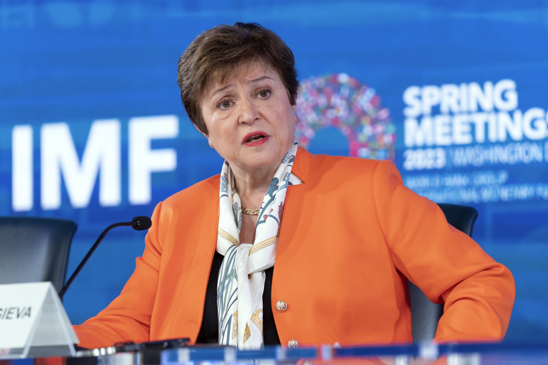 Кристалина Георгиева по време на пресконференция в рамките на пролетните срещи на МВФ и Световната банка във Вашингтон, 13 април 2023 г.