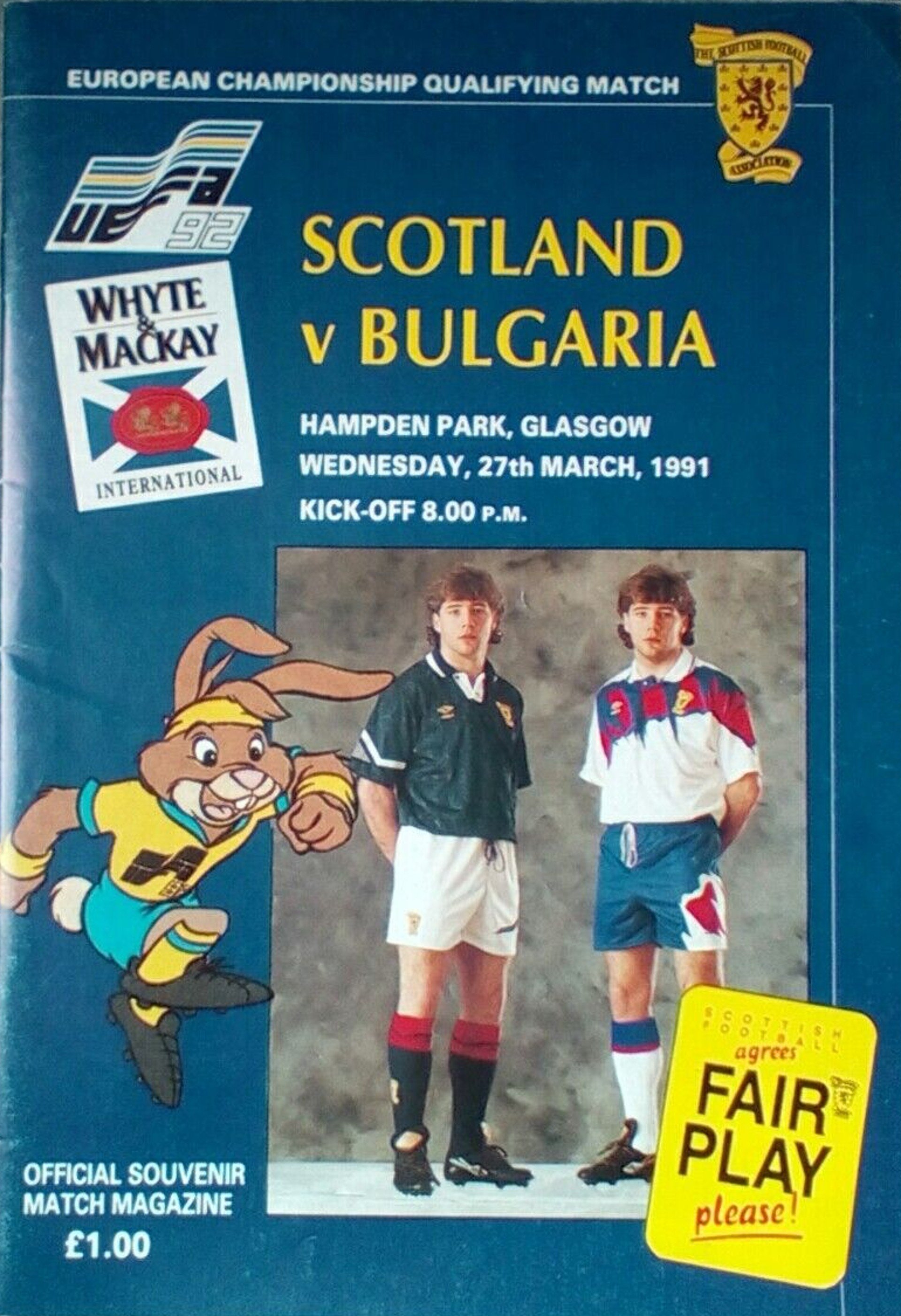 Официалната програма от мача Шотландия - България през 1991 г., в квалификациите за Евро 92. Срещата завърши 1:1, Костадинов изравни за нашите в края. България не се класира, но шотландците бяха на това европейско.